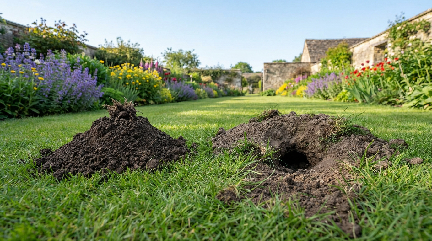 Comparaison entre une taupinière de taupe et un monticule de rat taupier dans un jardin belge