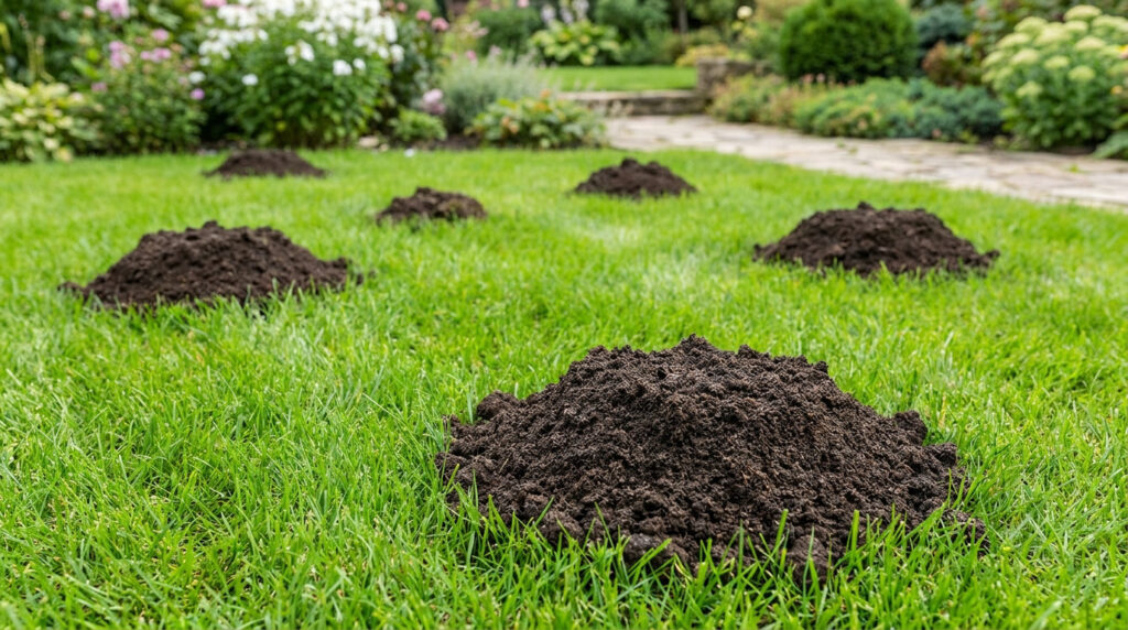 Monticules et dégats causés par des taupes dans une pelouse