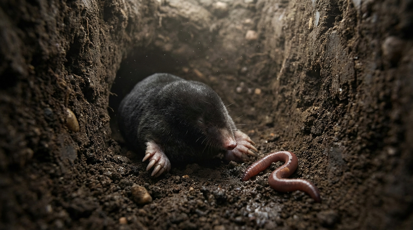 La taupe mange des vers de terre dans son tunnel