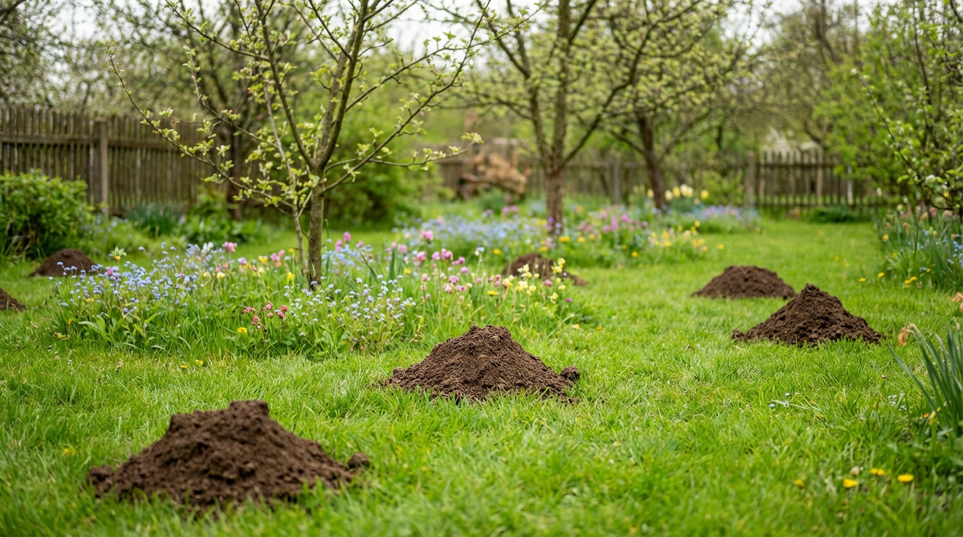 Taupinières dans un jardin au printemps en Wallonie