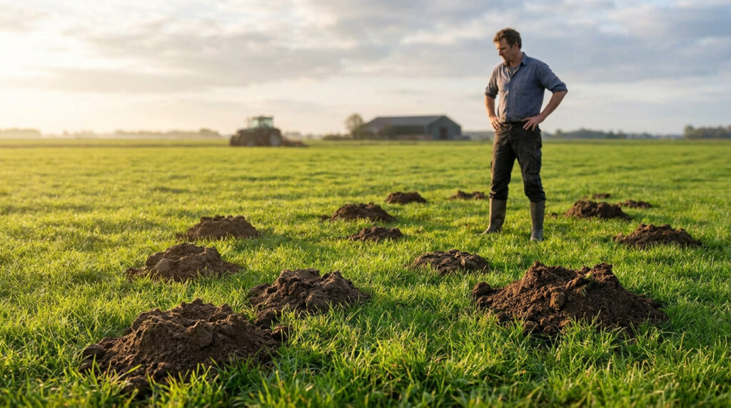 Fermier face aux taupinieres de taupe dans une prairie