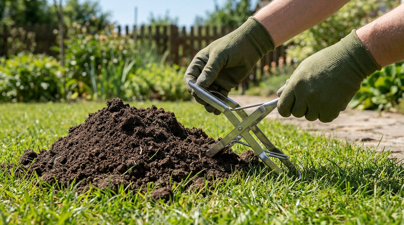 Installation d'un piège à taupes au jardin
